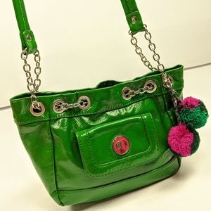 Teen Vogue Green Pink Pom Pom Chain Purse Shoulder Bag Funky Bright Fun